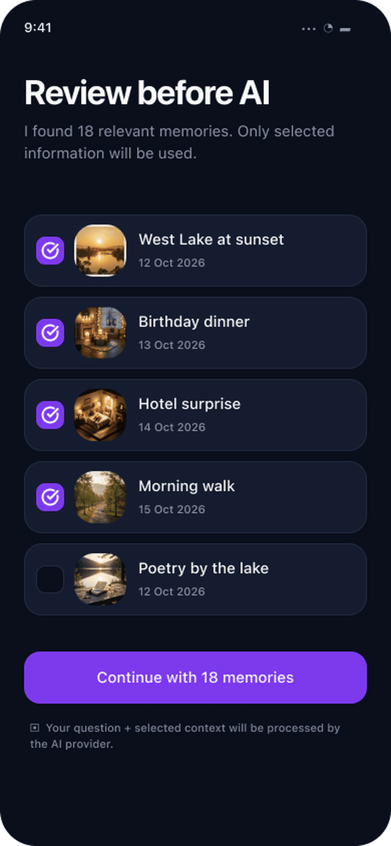 Review before AI: eighteen relevant memories listed with checkboxes, and a note that only selected information will be used